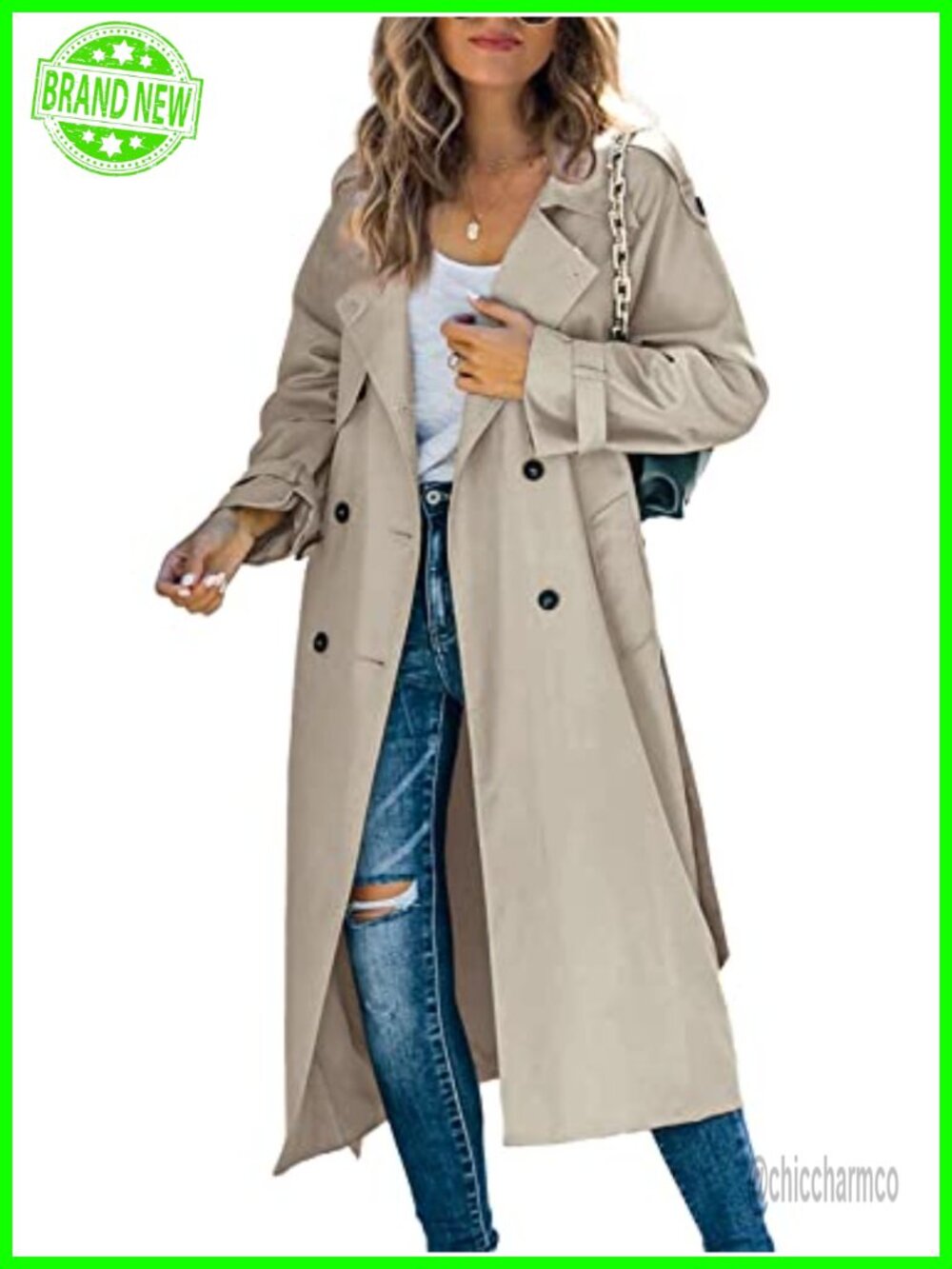 Women's Long Double-Breasted Windproof Trench Coat with Belt